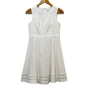 Calvin Klein Dress Size 8 Eyelet Embordered Tiered White Sleeveless Cotton Lined